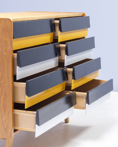 Chest of drawers U-453, design by Jiří Jiroutek, color yellow and white