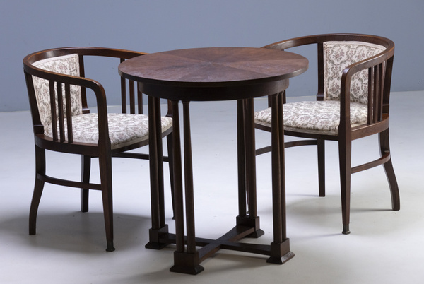 Elegant Art Nouveau seating - table and two armchairs, two stools -, around 1910