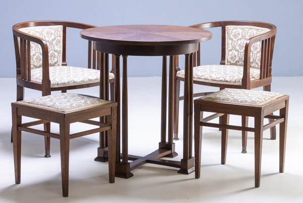 Elegant Art Nouveau seating - table and two armchairs, two stools -, around 1910