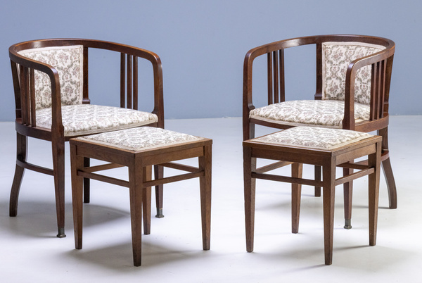 Elegant Art Nouveau seating - table and two armchairs, two stools -, around 1910